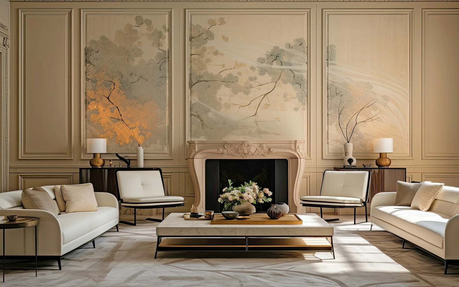 decorated wall panels from Architextural behind a fireplace