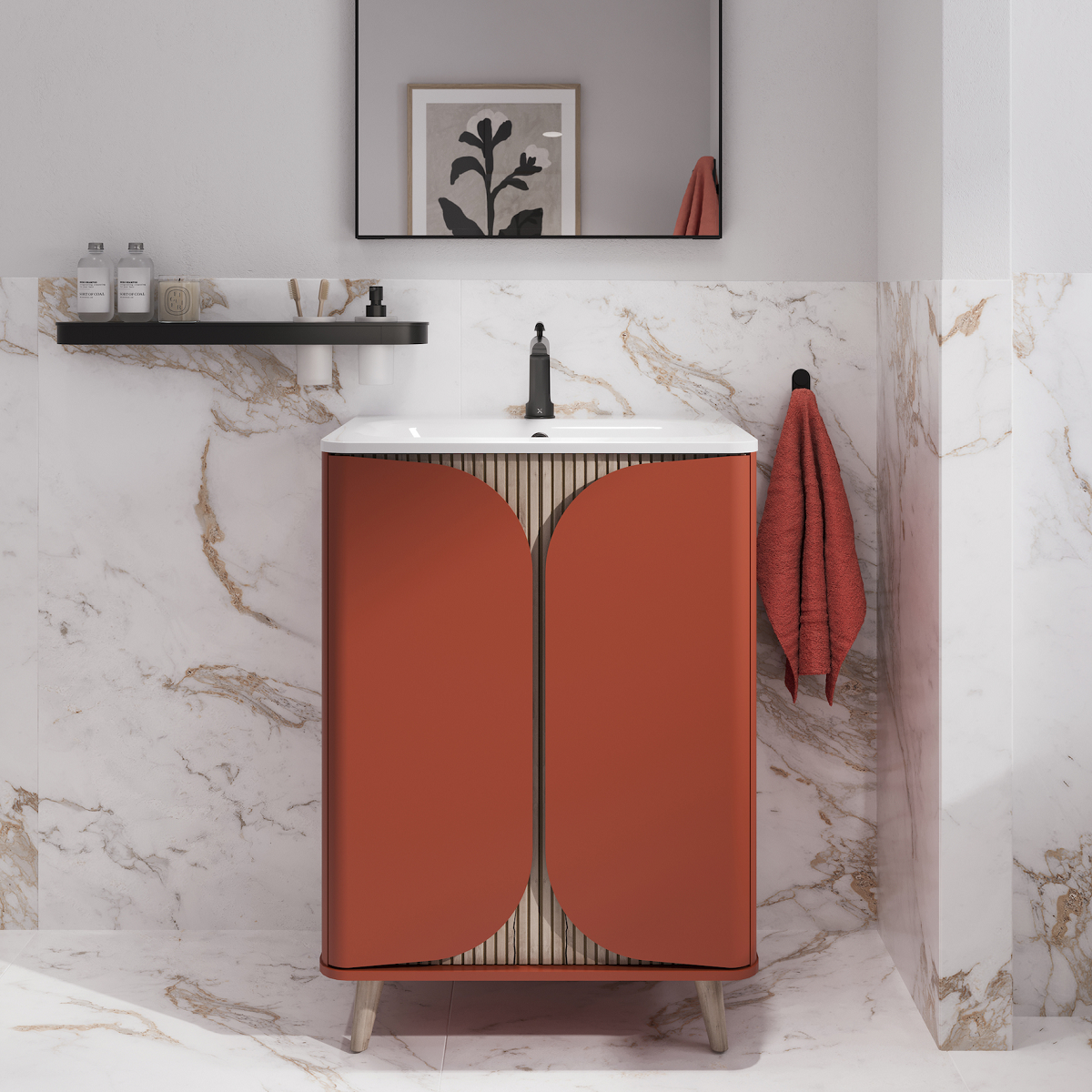 burnt orange vanity unit with curved doors from Crosswater