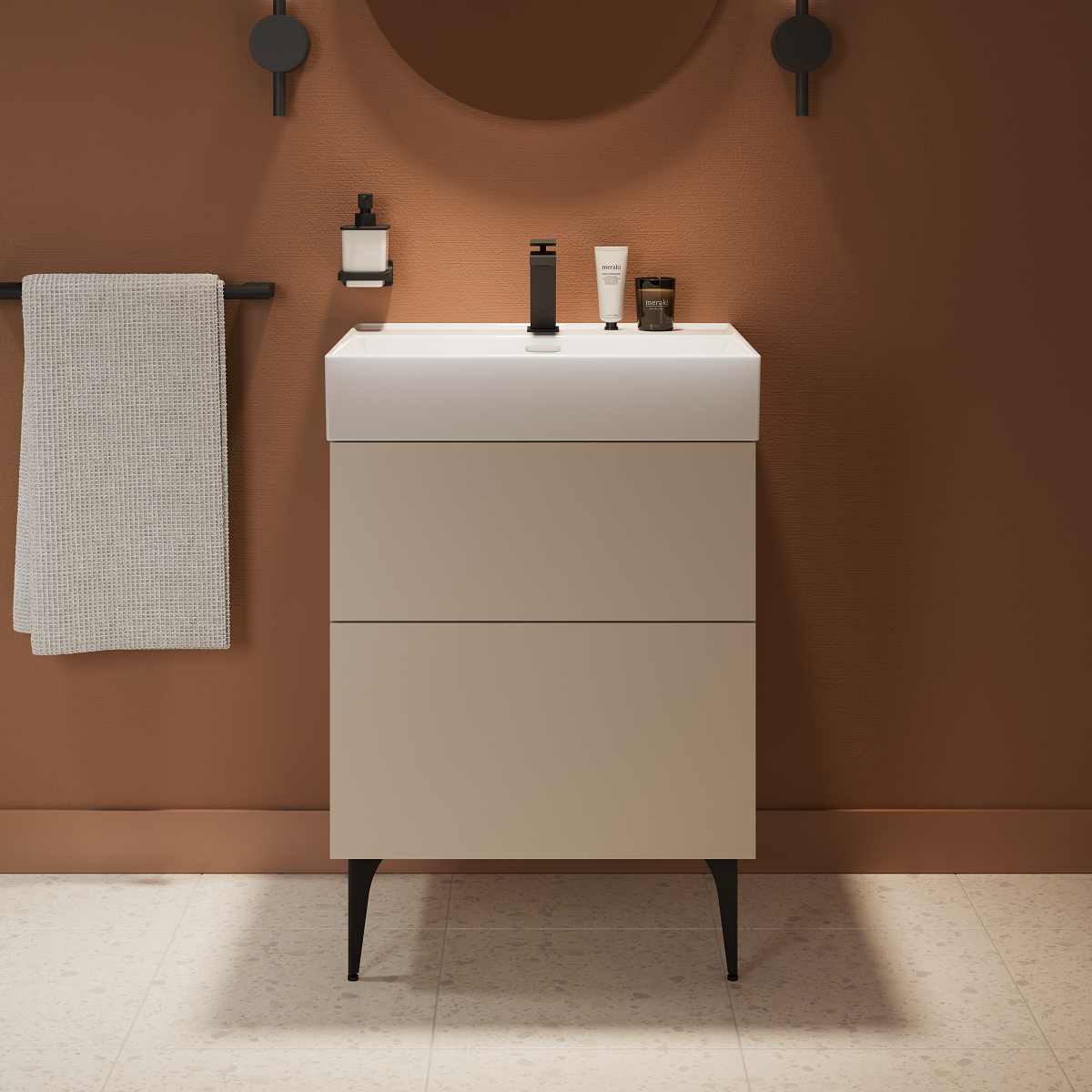 terracotta bathroom wall with cream freestanding vanity unit from Crosswater