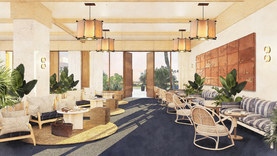 render of new lobby design for Trailborn Surf & Sound