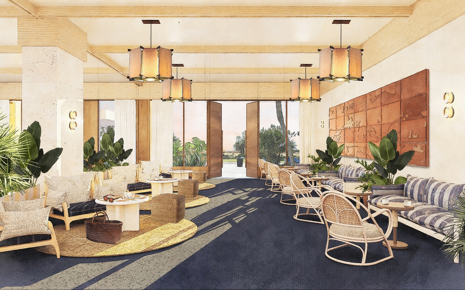 render of new lobby design for Trailborn Surf & Sound