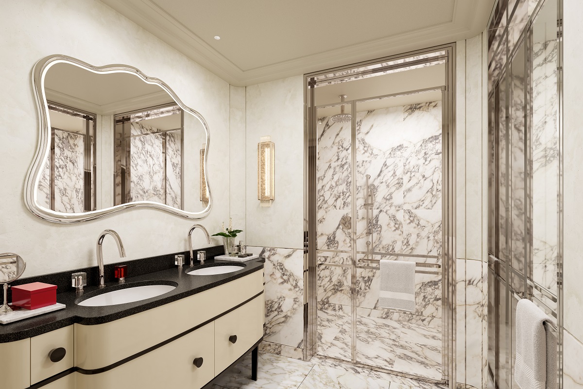 cream marble bathroom in Baccarat Dubai