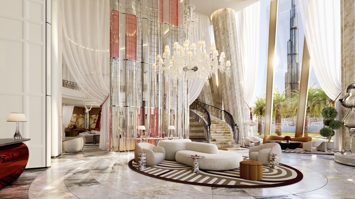 render of hotel lobby and salon in Baccarat Dubai