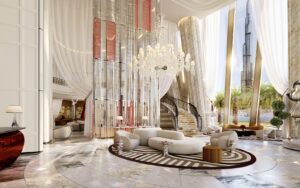 render of hotel lobby and salon in Baccarat Dubai