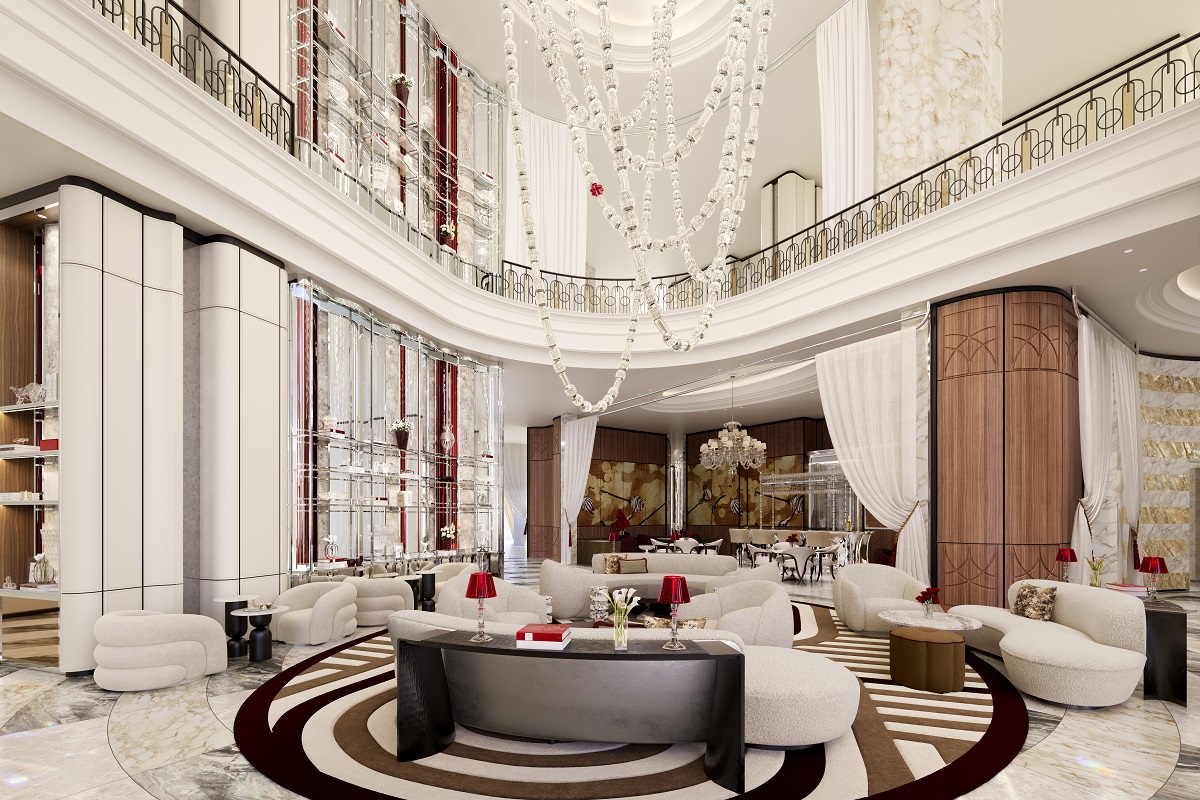 render of grand salon and lobby with statement beaded chandelier in Baccarat Dubai