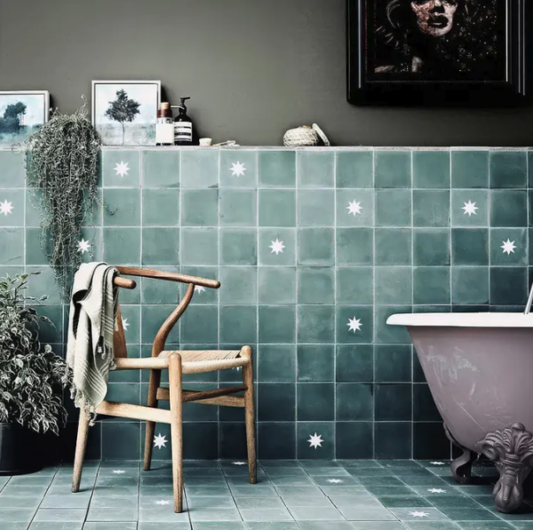 Hyperion Tiles' Small Livid and Lunar Livid green tiles with a chalky finish in a bathroom