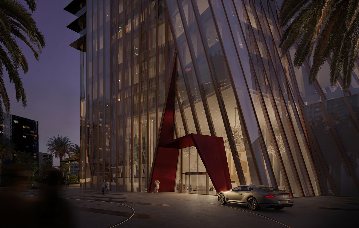 entrance and exterior faceted glass facade of Baccarat Dubai