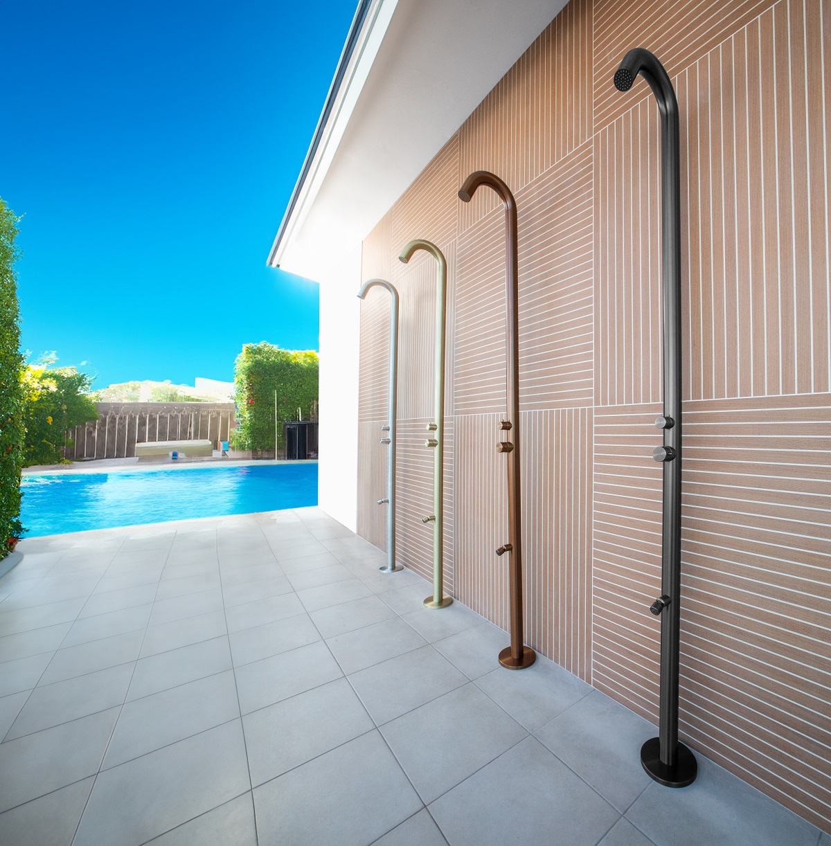 outdoor shower columns by pool from BAGNODESIGN Beach house collection