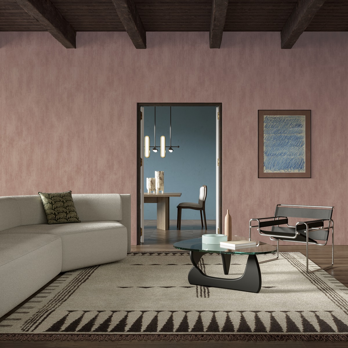 dusty pink washed linen arte wallcovering in lounge with cream sofa and patterned rug