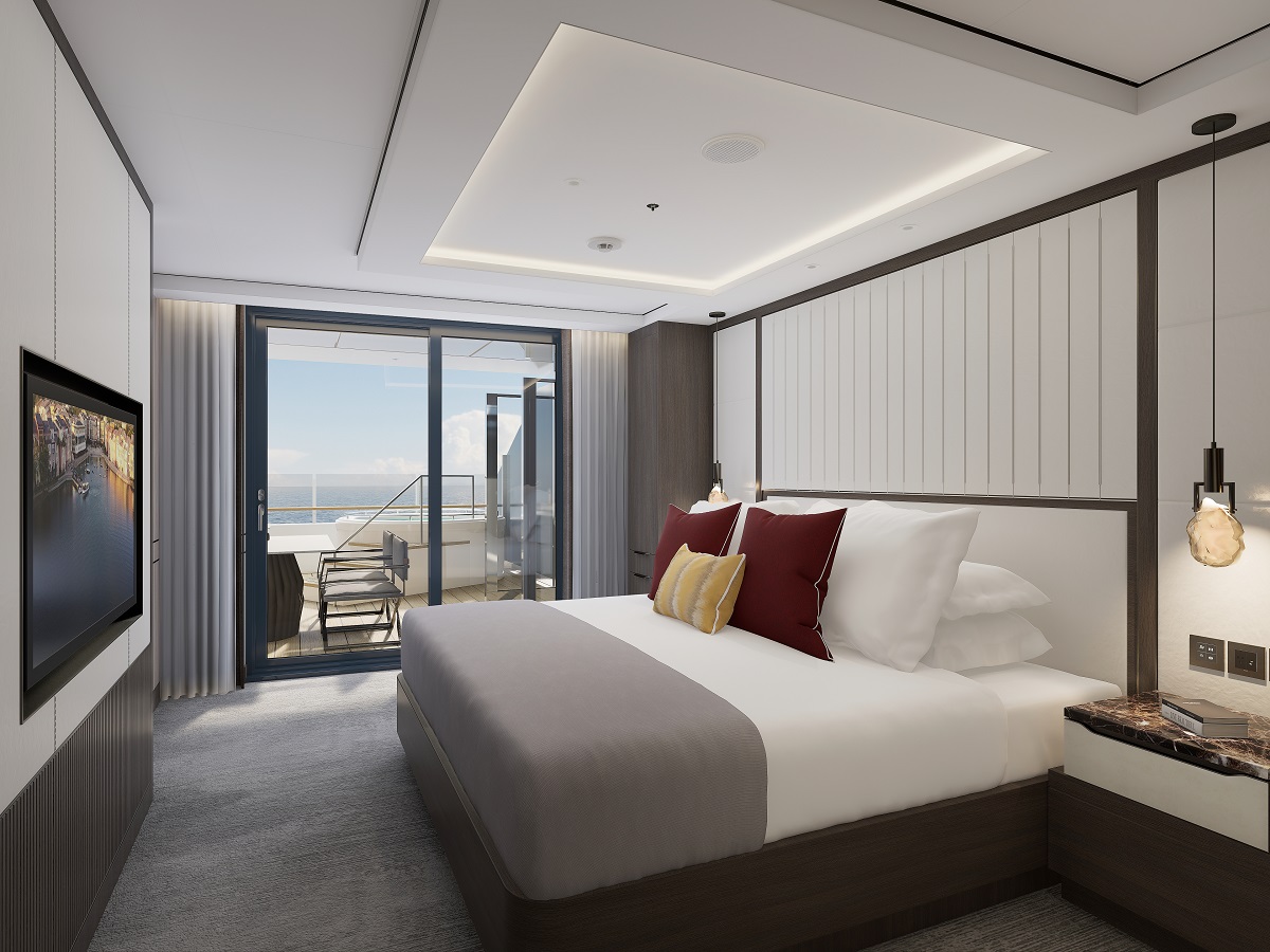 render of suite in Luminara, the third superyacht in The Ritz-Carlton Yacht Collection