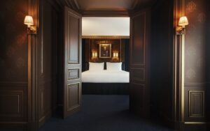 view from corridor into guestroom with portrait on the wall above the bed in Maison Proust