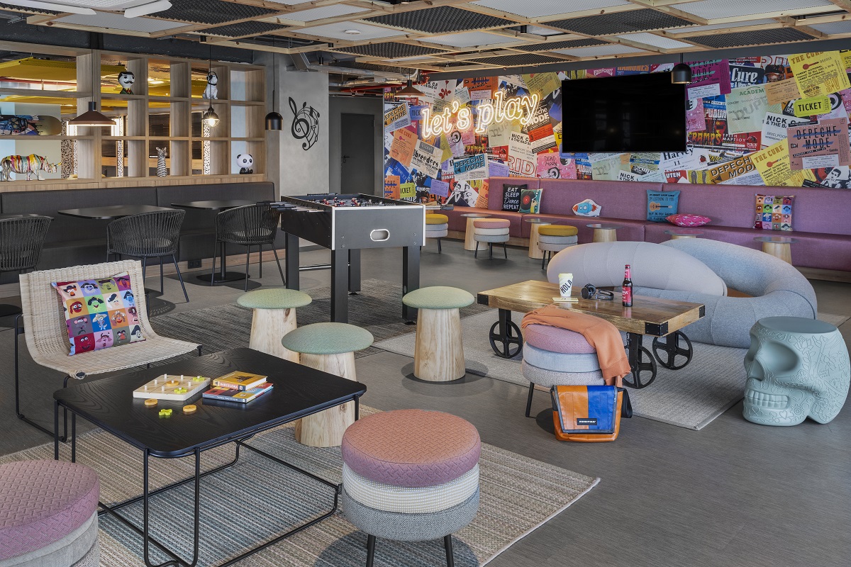 colourful memphis inspired playroom in Moxy Barcelona