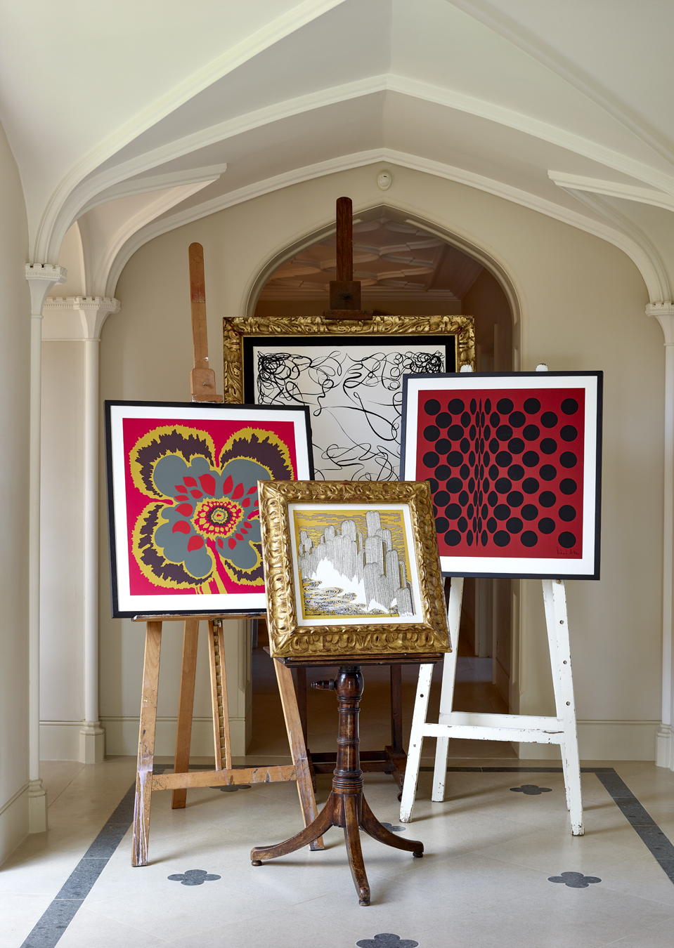 Richard Allan London scarves framed and on easels