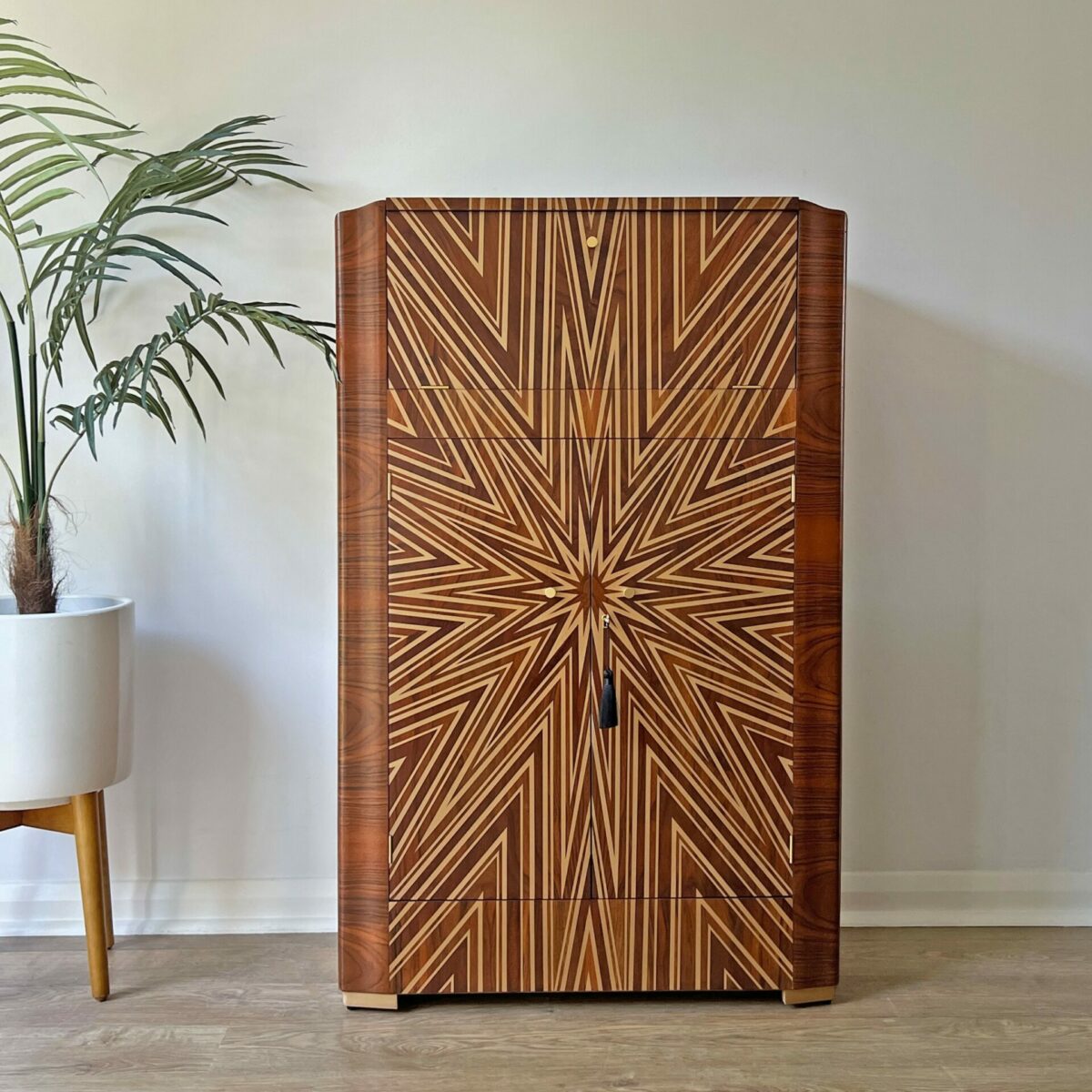 Walnut cocktail cabinet with Newmor Savoy Starbursty wallpaper