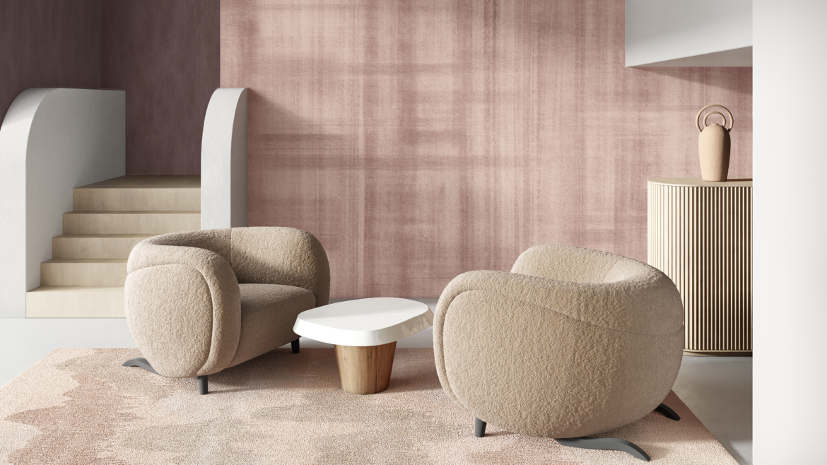 soft round pink chairs in room with walls in Arte Washed Linen Doudeville wallcovering