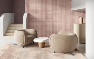 soft round pink chairs in room with walls in Arte Washed Linen Doudeville wallcovering