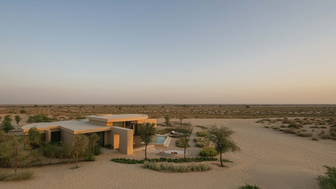 view across desert and Bab Al Shams desert villa