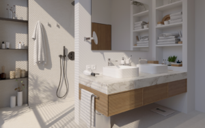 bathroom with shower, double vanity and Aliseo accessories