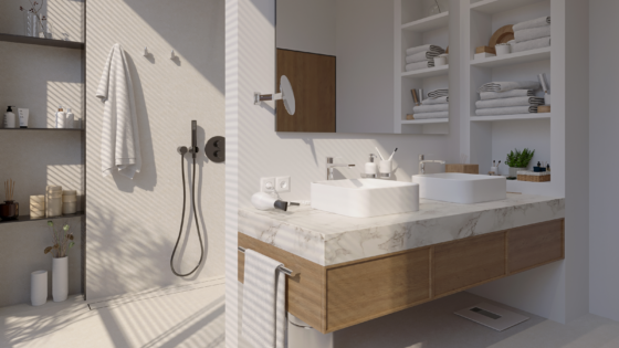 bathroom with shower, double vanity and Aliseo accessories