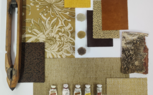 mustard and brown moodboard with Skopos floral as hero