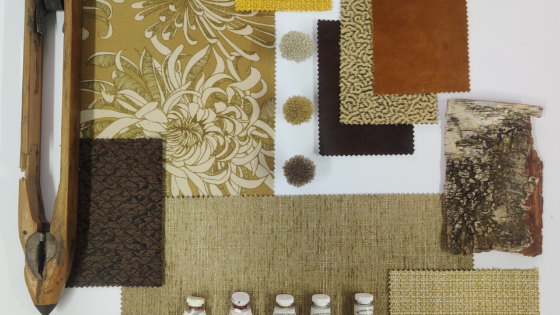 mustard and brown moodboard with Skopos floral as hero