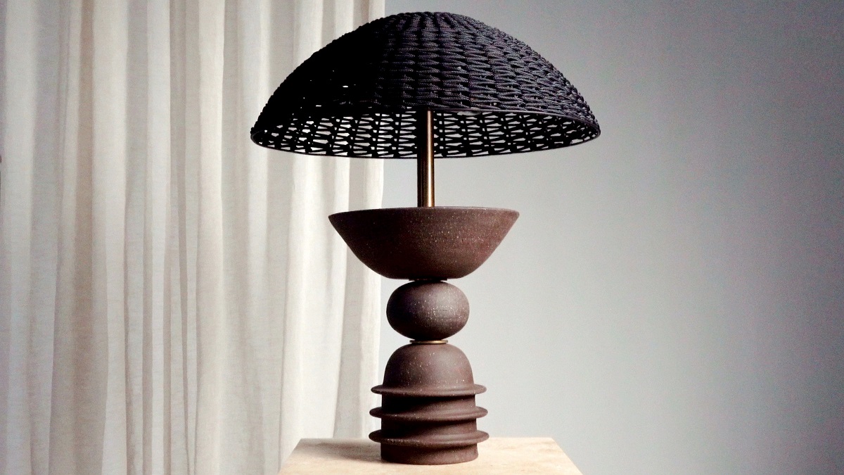 theia table lamp from Studio Lloyd with ceramic base and crocheted rope shade