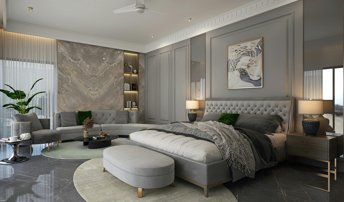 grey and white luxury hotel bedroom