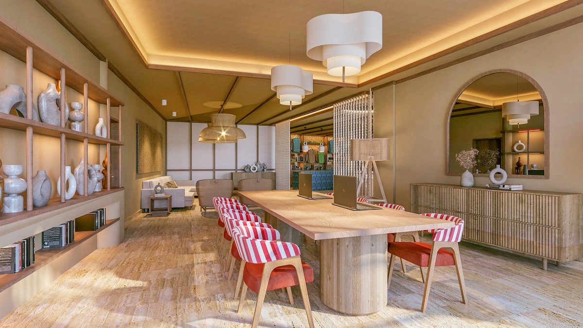 wooden table and res striped chairs in the reception Zel Punta Cana