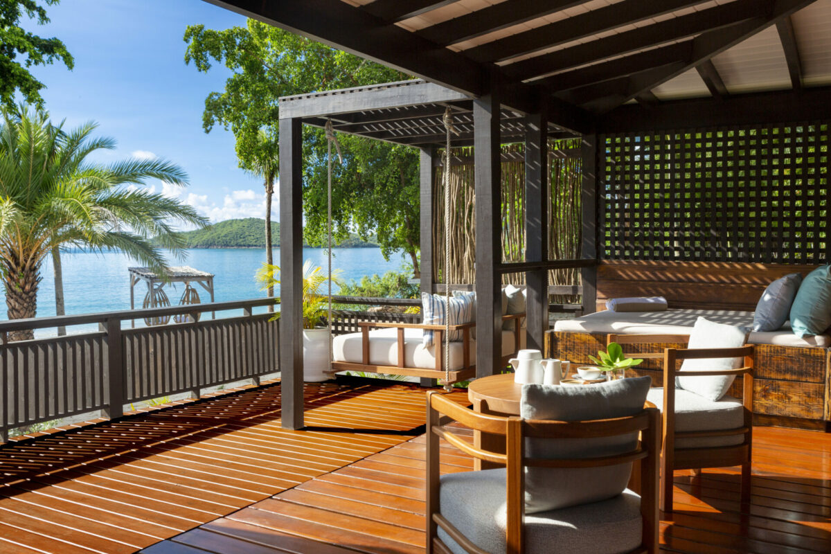 Crystal waters of Antiguan sea, viewed from beachside guestroom deck