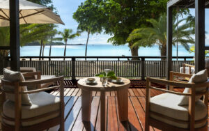 Crystal waters of Antiguan sea, viewed from beachside guestroom deck