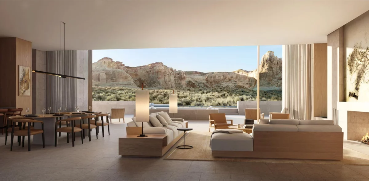 Aman Amangiri residences' open air lounge overlooking a Utah Canyon. 