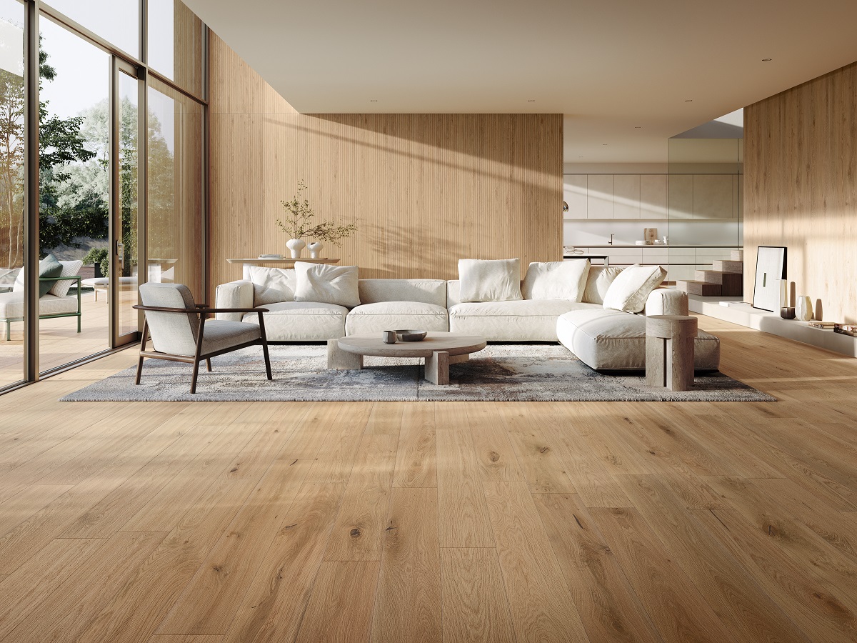 Icon Oak porcelain tile flooring in lounge with white furniture