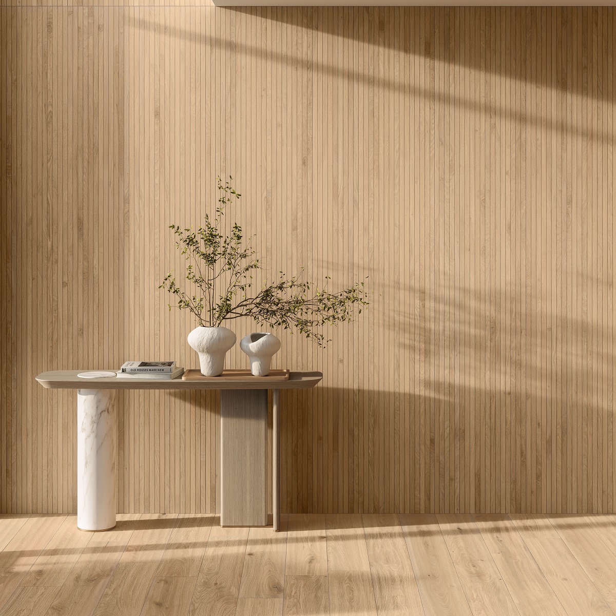 tiled LOG wood effect floor and walls with single table and foliage