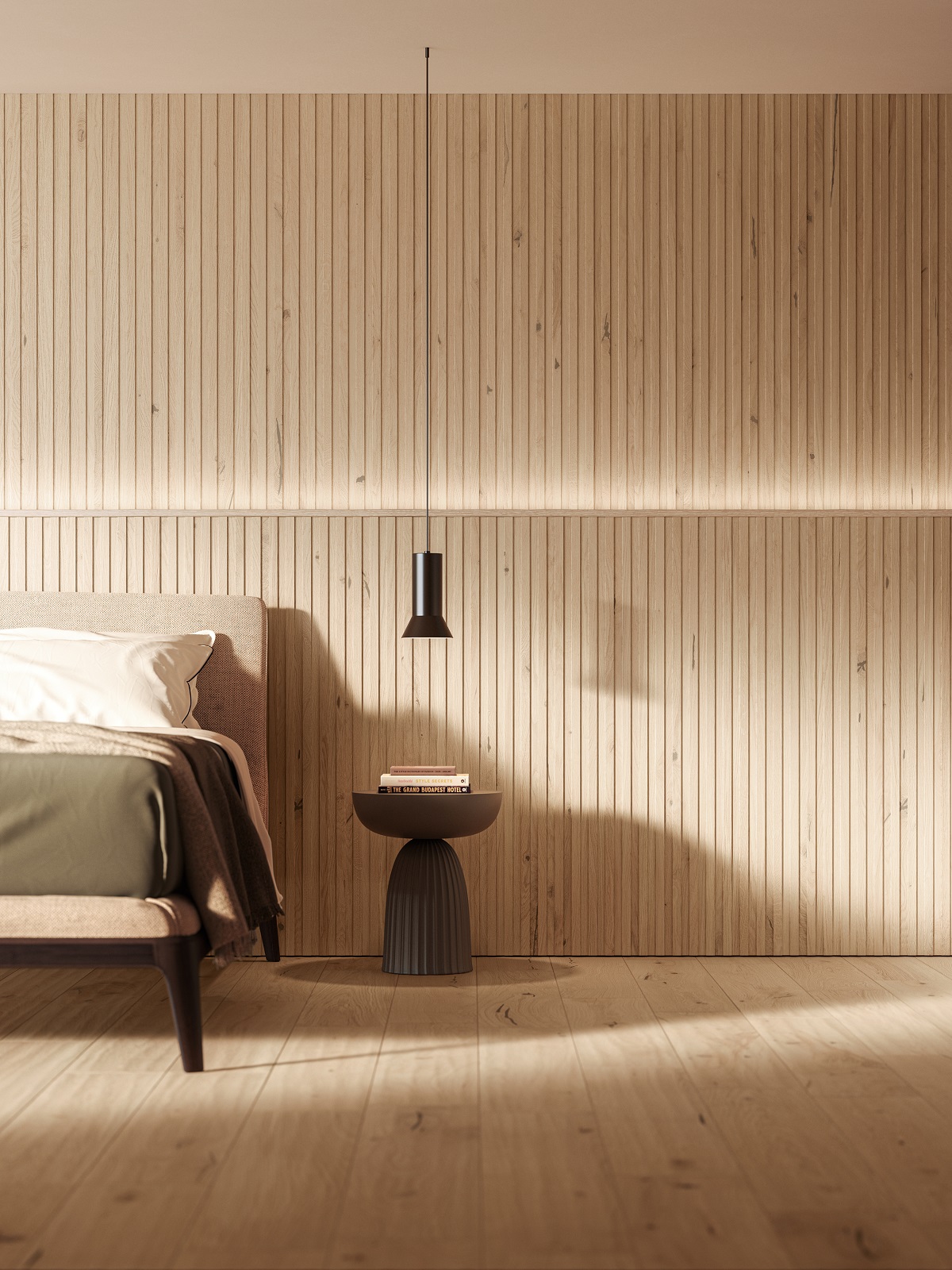 tatami inspired wood style tiles on walls with wood look porcelain tiles on the floor