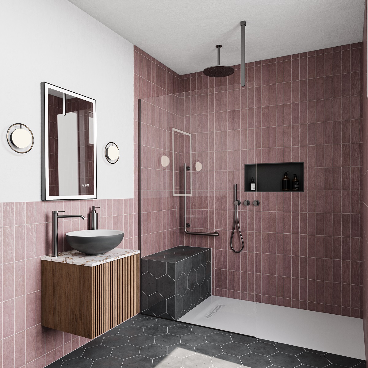 pink tiled Crosswater bathroom with grey floor and seat