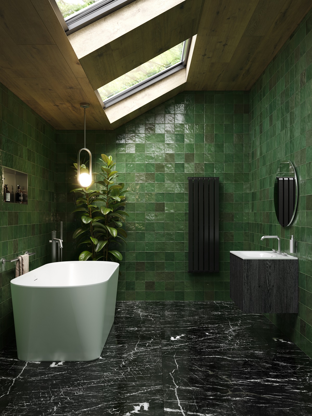 green tiled bathroom with biophilic elements