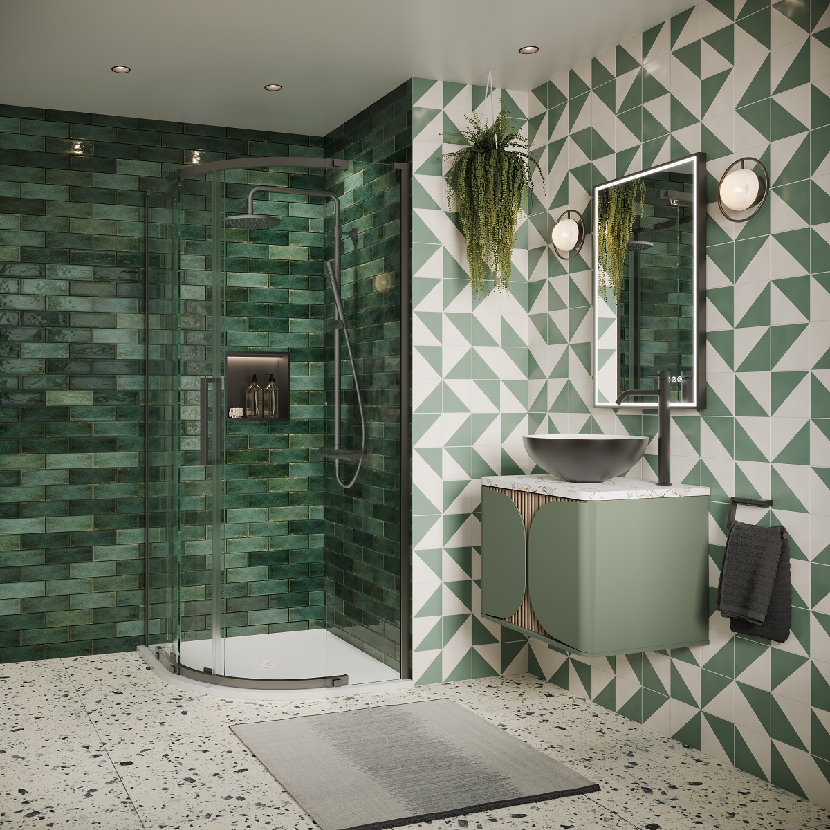 contrasting tiled patterns in bathroom and shower