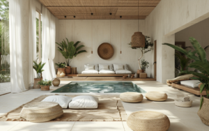 Indoor pool surrounded by pale furnishings with wooden accents.