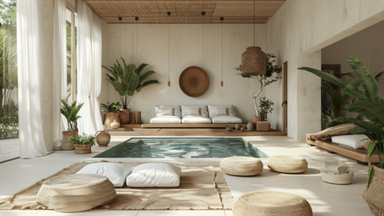 Indoor pool surrounded by pale furnishings with wooden accents.