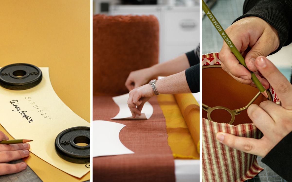 The different stages of lampshade design showing skilled workers cutting different shapes from fabric