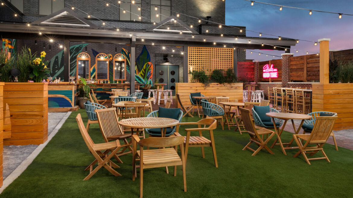 Fairy-light lit rooftop bar