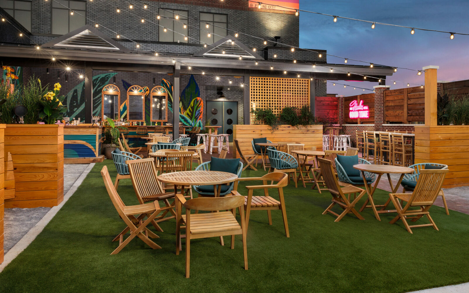 Fairy-light lit rooftop bar