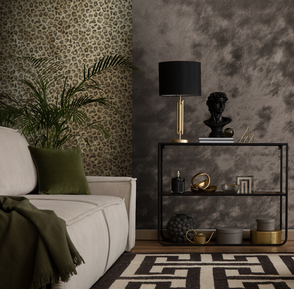 room set with couch, plant and table and Newmor Panthera wallcovering