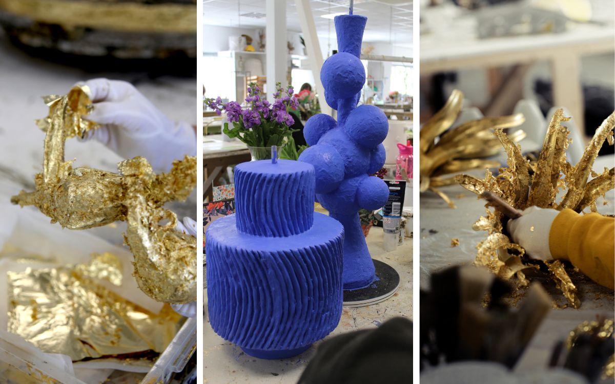 Projects in process - the Urchin chandelier is being wrapped in gold leaf and lamp bases have been painted a vibrant blue