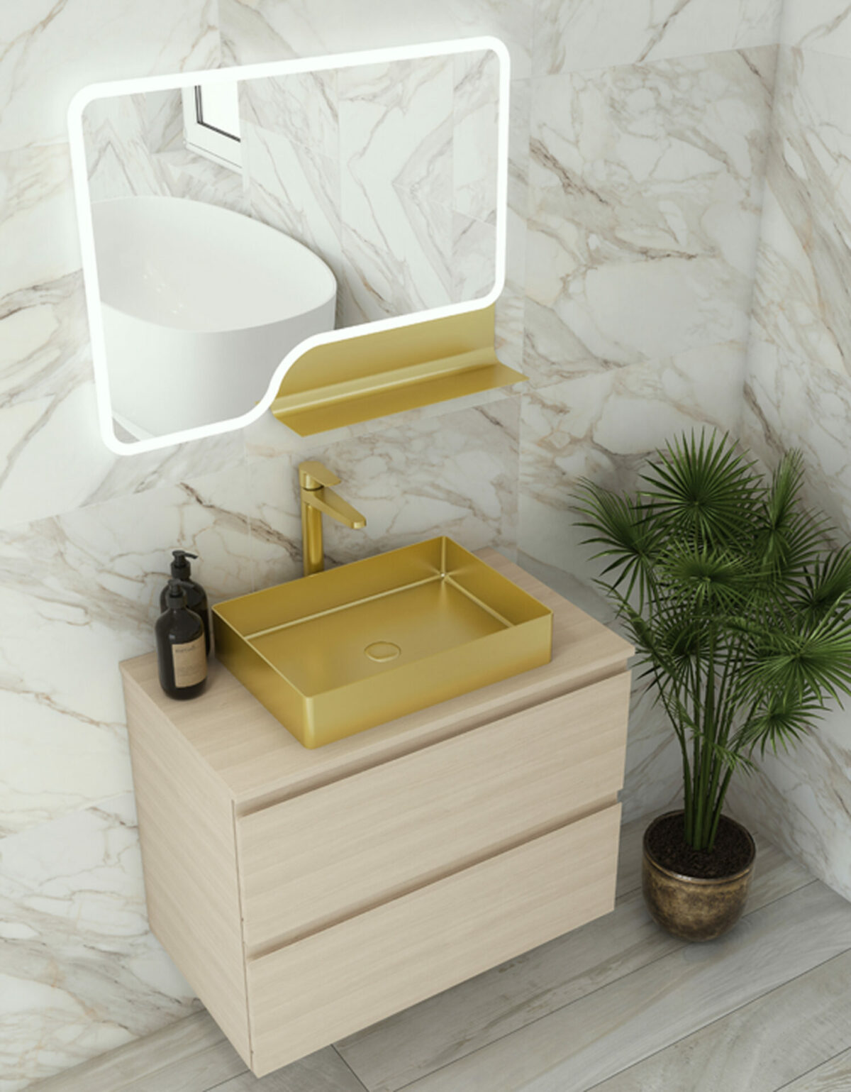 RAK-Ingot rectangular burshed gold basin, set in grey marble bathroom