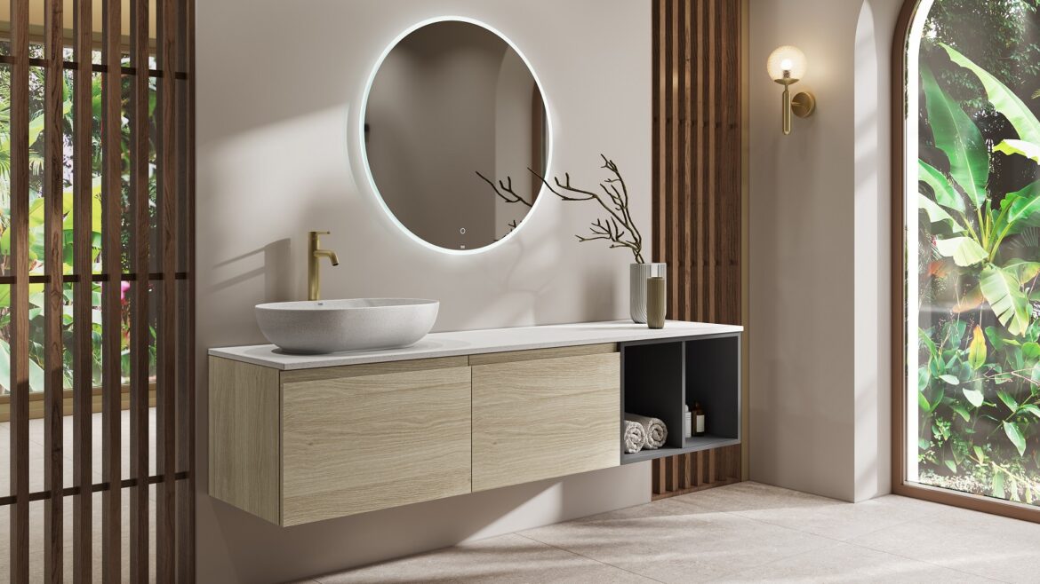 bathroom in stone and white with RAK fittings and furniture