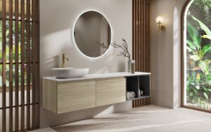 bathroom in stone and white with RAK fittings and furniture