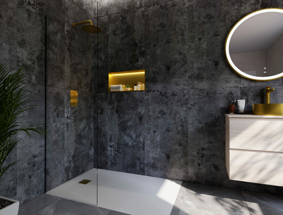 Black stone bathroom showing shower with gold accents and illuminated recess niche