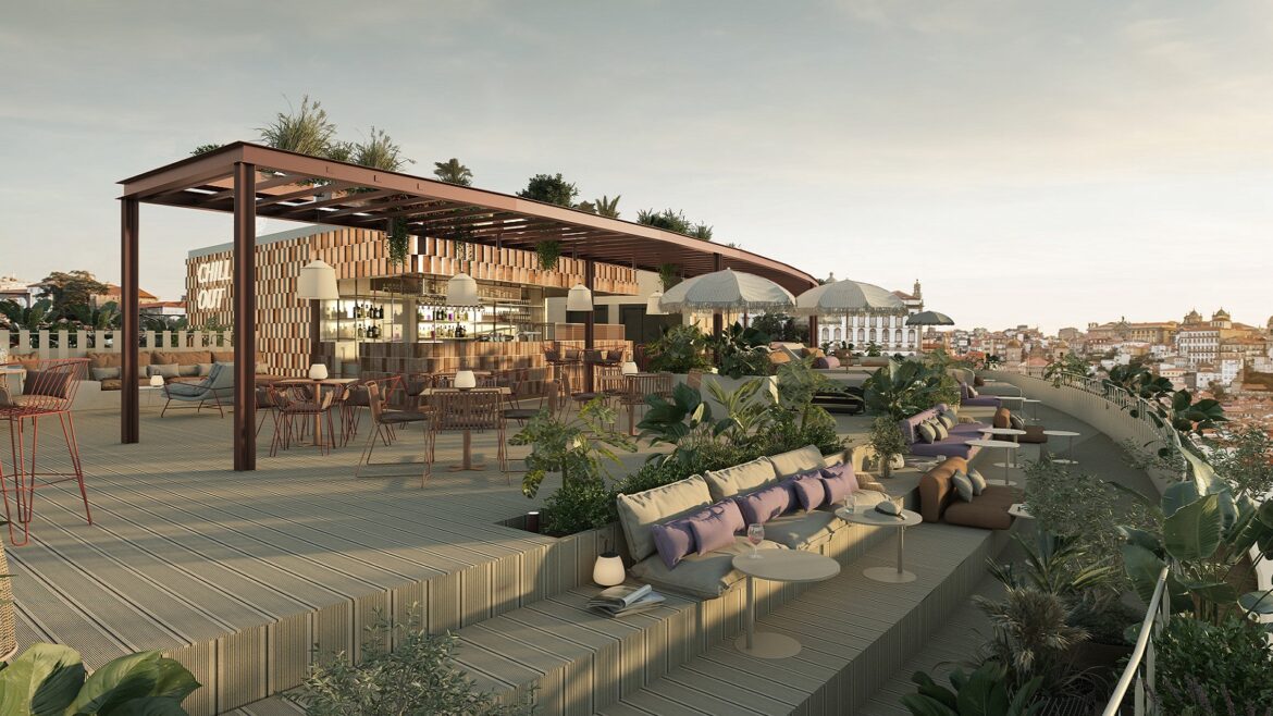 render of rooftop bar in The Social Club Porto