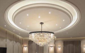 Franklite chandelier on recessed lit ceiling